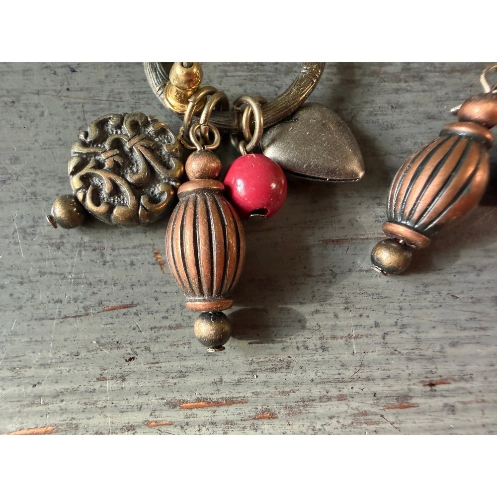 Boho vintage Metal Charm Hoop Earrings Bronze Copper Heart Filigree Red Bead - Picture 2 of 4